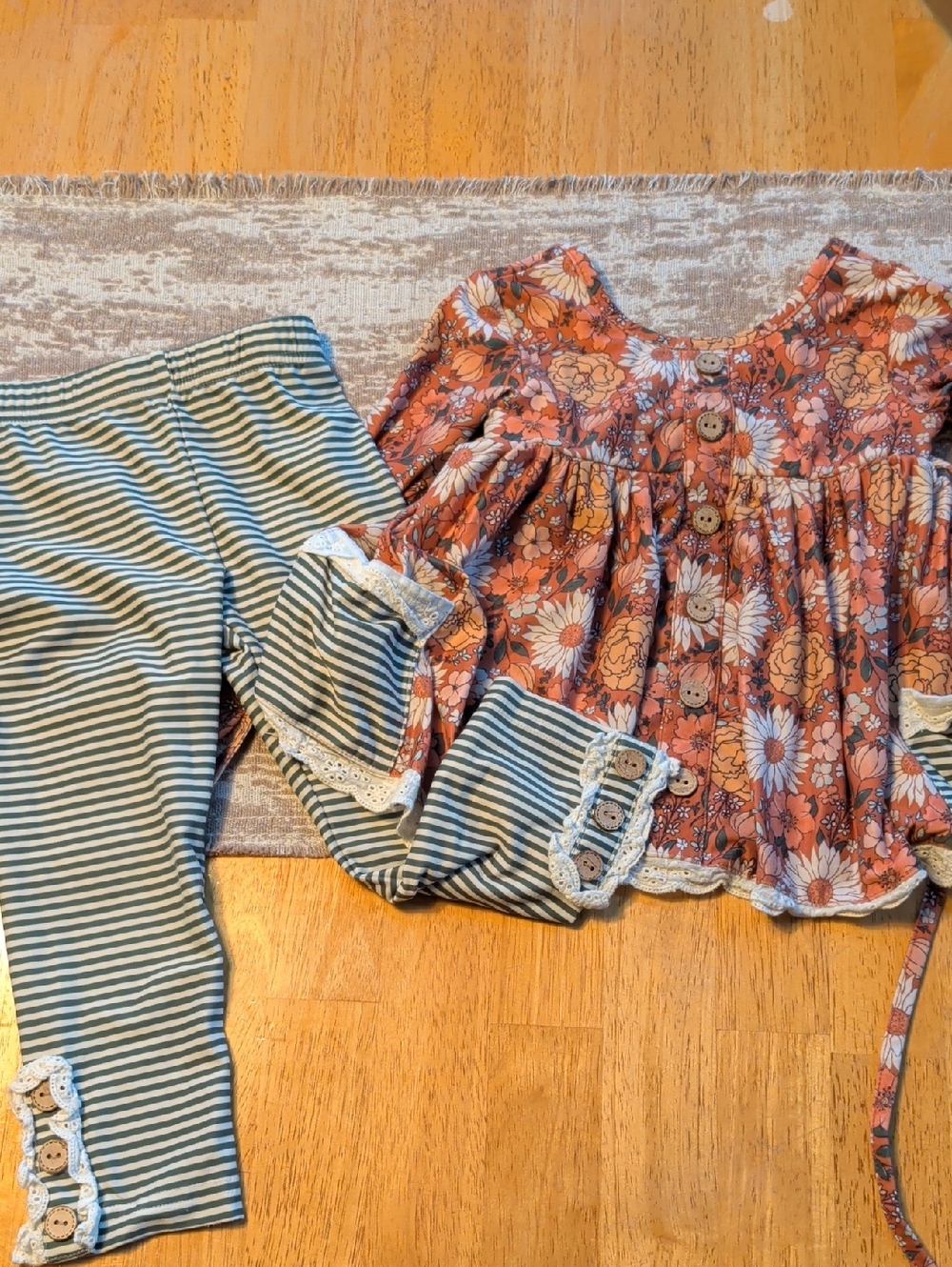 cheeky plum Peach Floral Top with Green Stripe Leggings Kids Matching Set